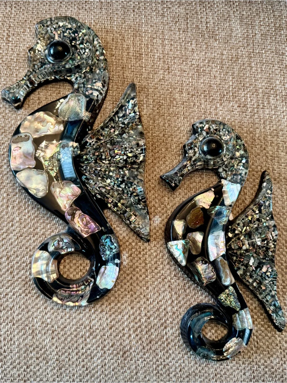 Vintage Seahorse set resin abalone shell Wall Art 1960s Retro Beach cottage